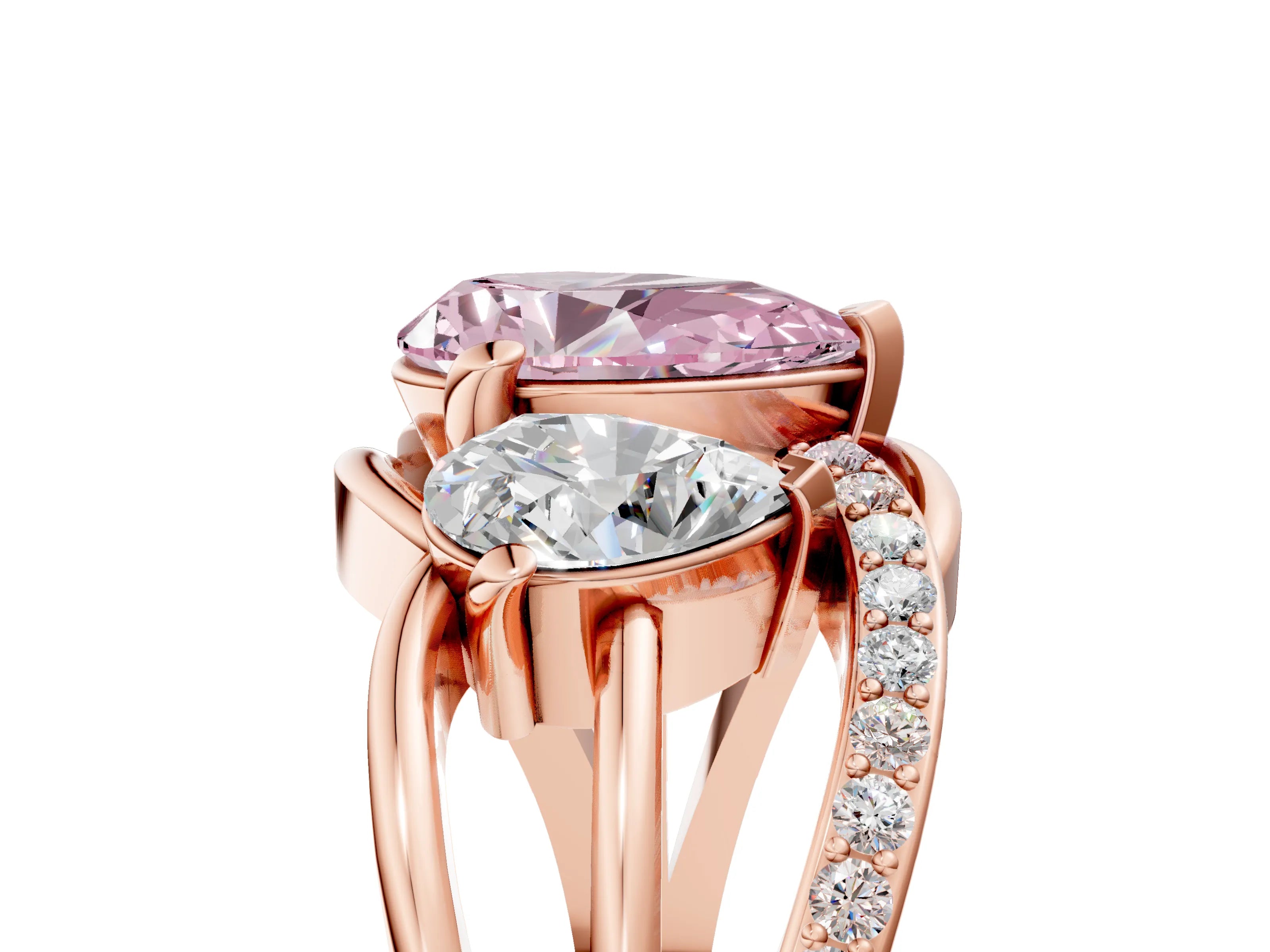 Rose gold Three-Stone Fancy Pink Pear Cut Cut Diamond Split Shank Prong Set Ring_5