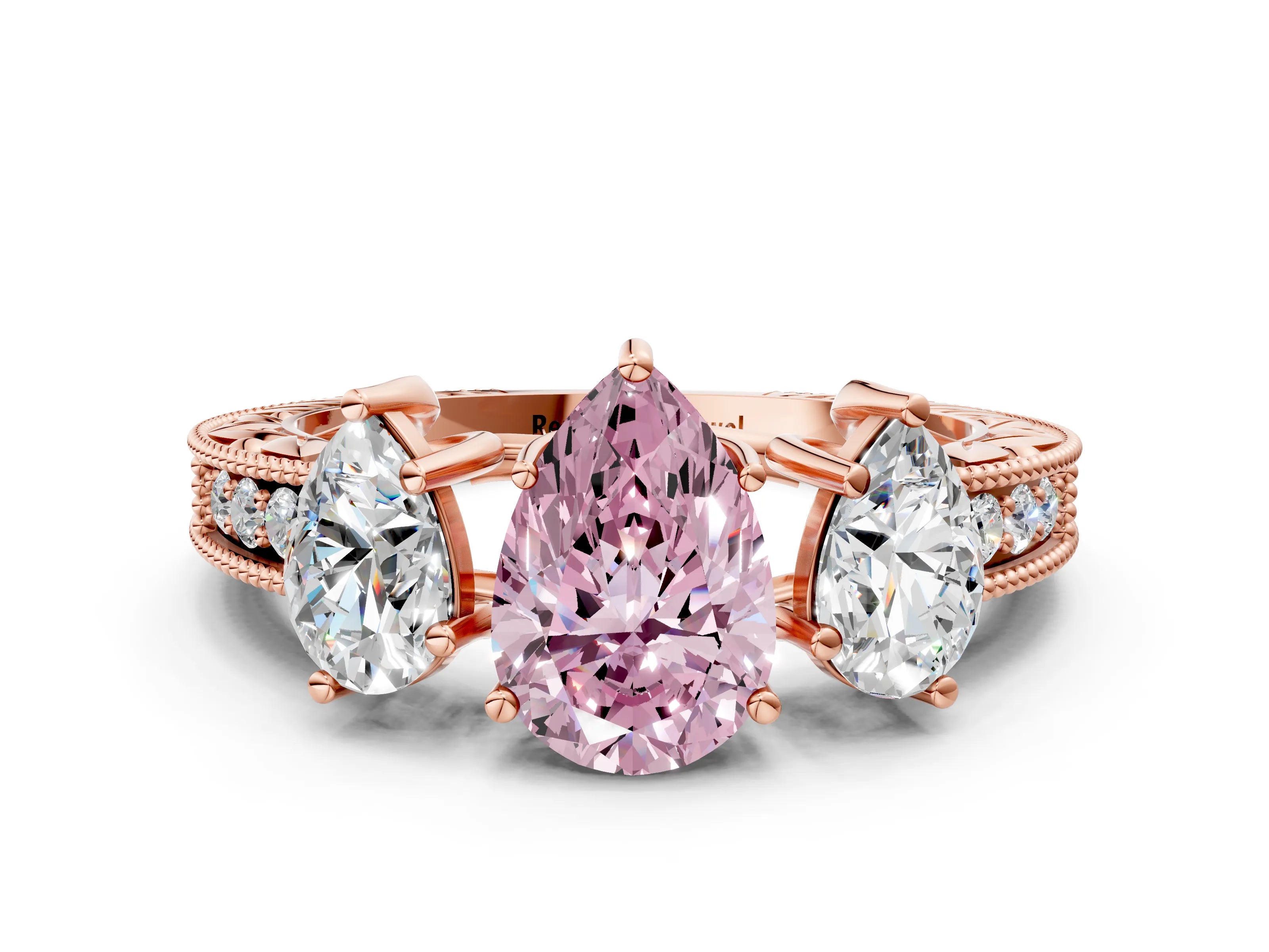 Rose gold Three-Stone Fancy Pink Pear Cut Cut Milgrain Pavé Engagement Ring