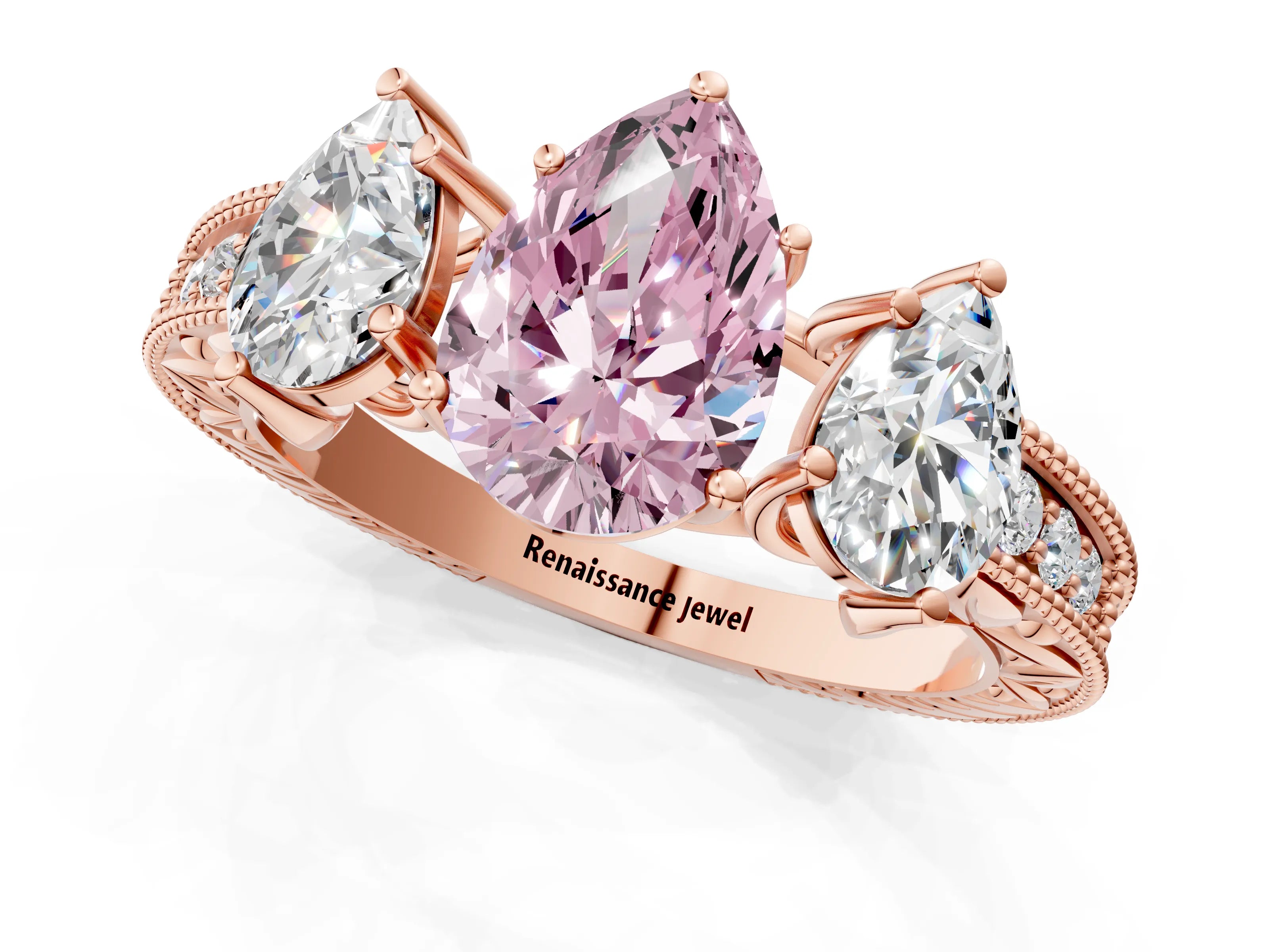 Rose gold Three-Stone Fancy Pink Pear Cut Cut Milgrain Pavé Engagement Ring_1