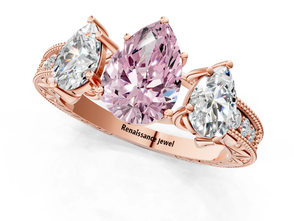 Rose Gold Pear-Shaped Engraved Three Stone Engagement Ring Setting for Fancy Pink Center