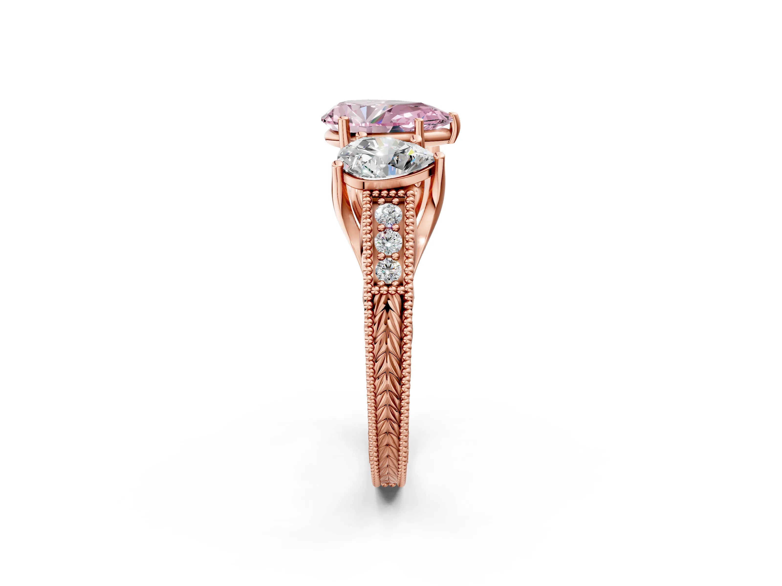 Rose gold Three-Stone Fancy Pink Pear Cut Cut Milgrain Pavé Engagement Ring_2
