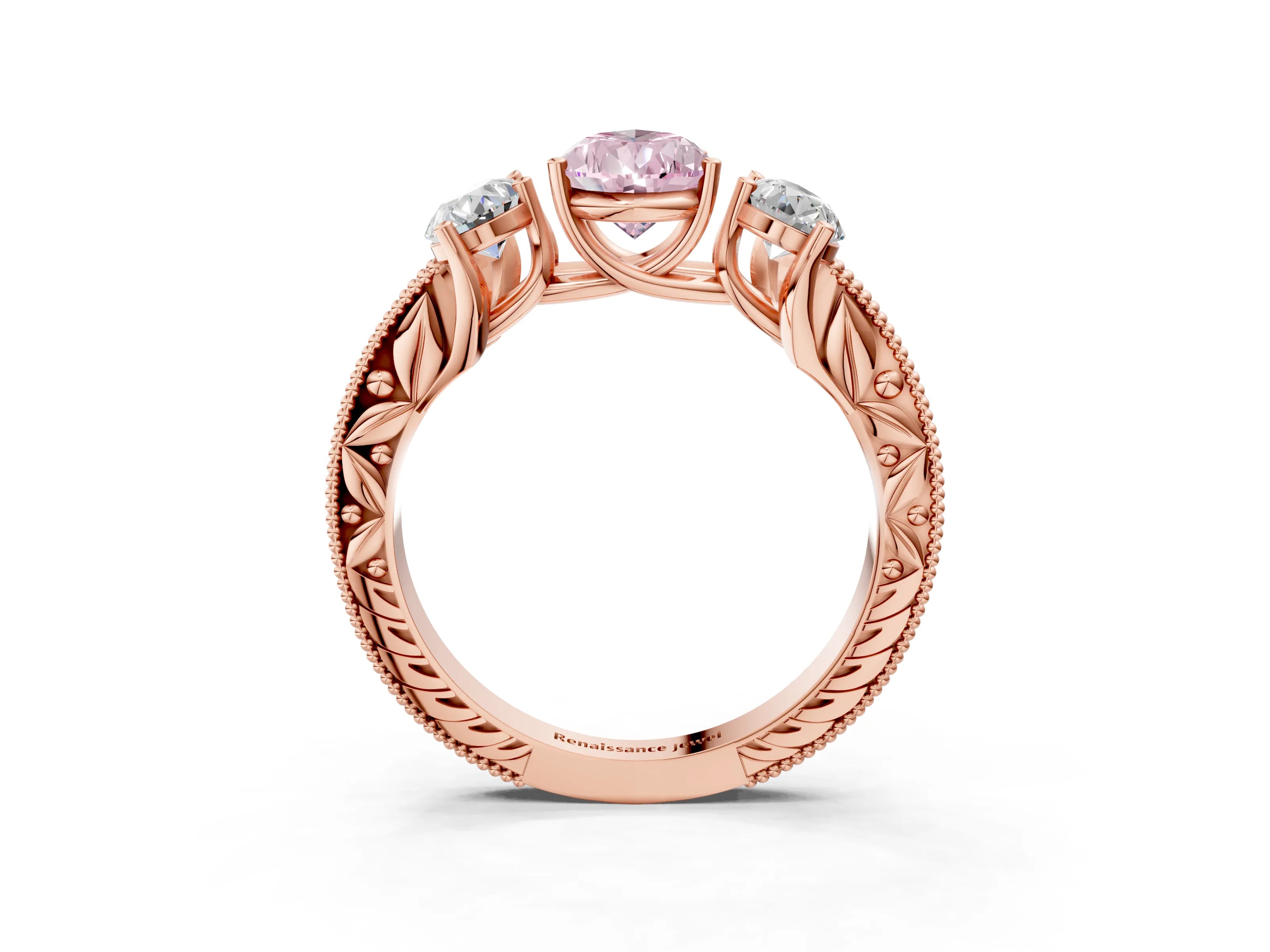 Rose gold Three-Stone Fancy Pink Pear Cut Cut Milgrain Pavé Engagement Ring_3