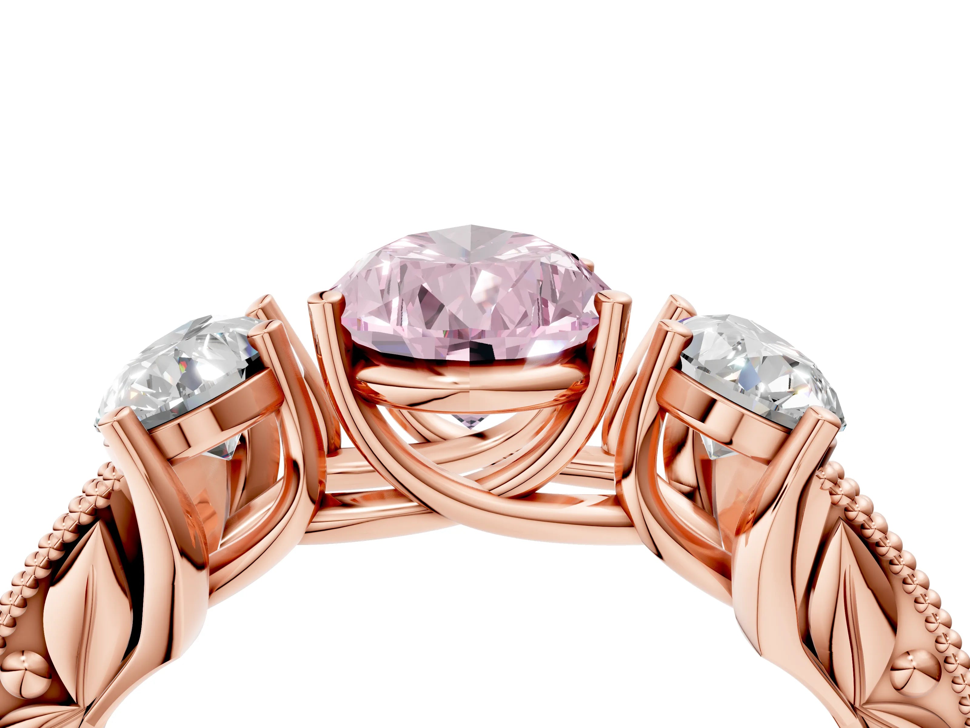 Rose gold Three-Stone Fancy Pink Pear Cut Cut Milgrain Pavé Engagement Ring_4