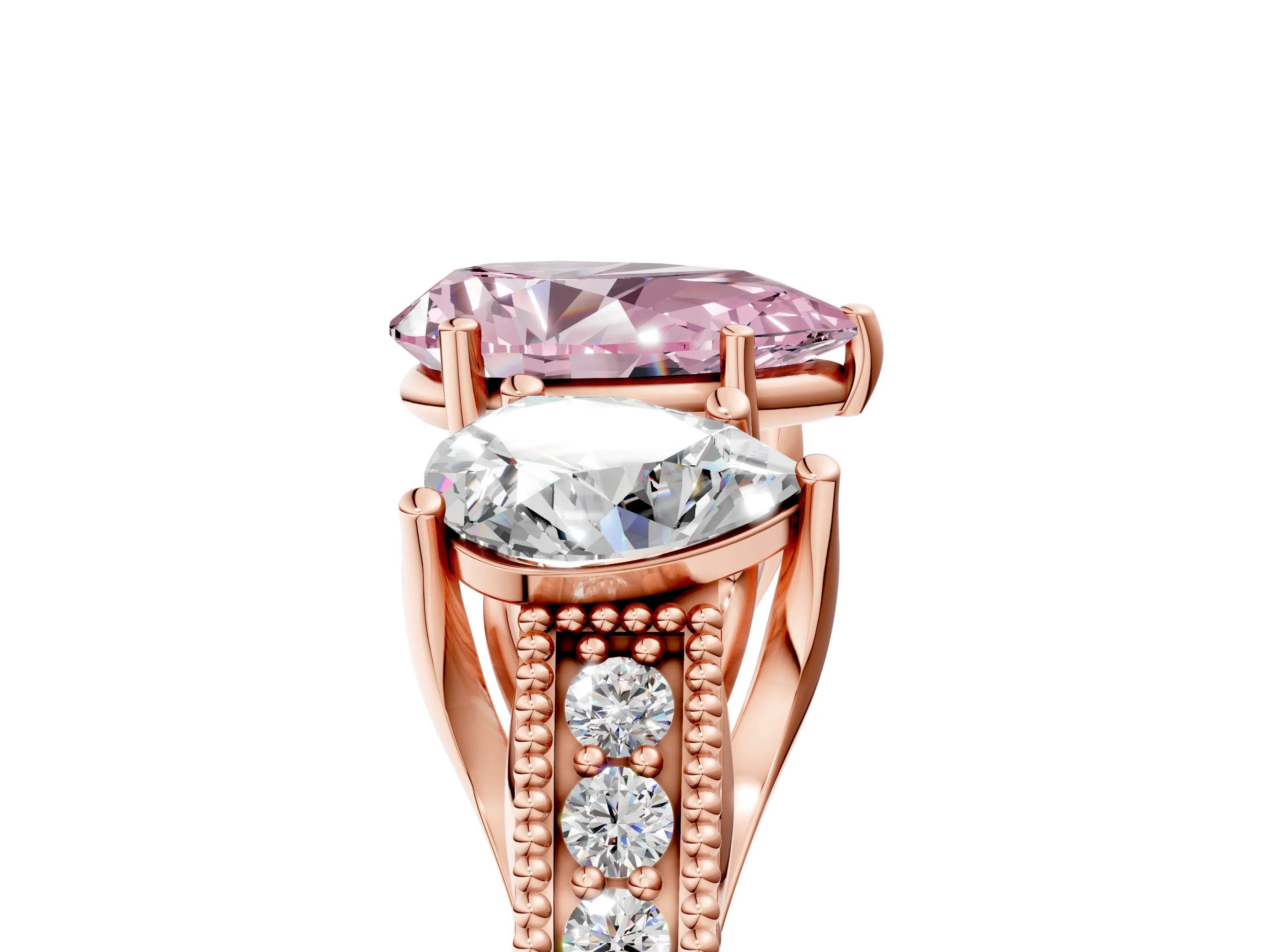 Rose gold Three-Stone Fancy Pink Pear Cut Cut Milgrain Pavé Engagement Ring_5