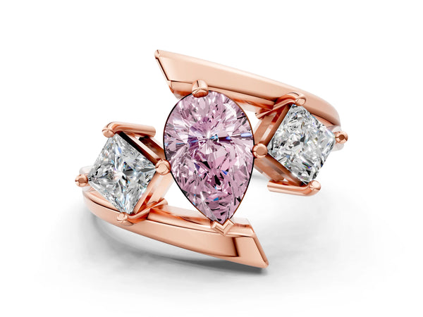 Rose gold Three-Stone Fancy Pink Pear Cut Cut Tension Band Ring with Four-Prong Setting
