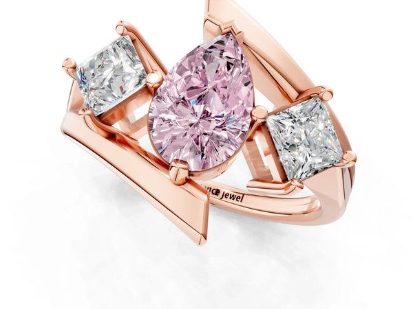 Rose gold Three-Stone Fancy Pink Pear Cut Cut Tension Band Ring with Four-Prong Setting