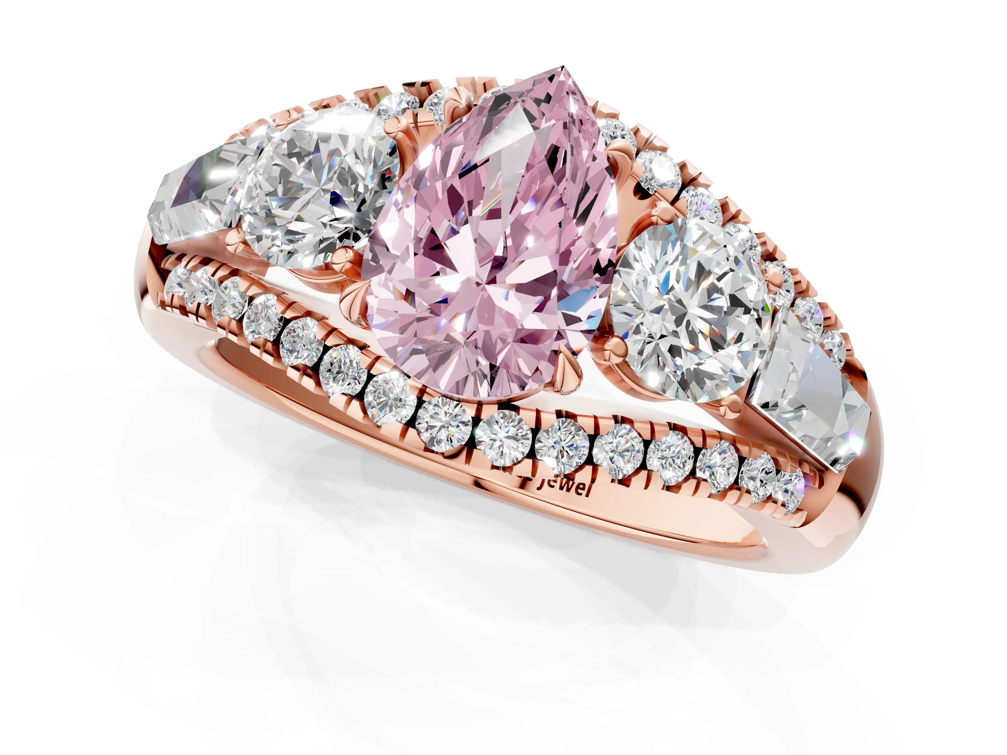Rose gold Three-Stone Fancy Pink Pear Cut Diamond Engagement Ring with Pave Band and Prong Setting_1