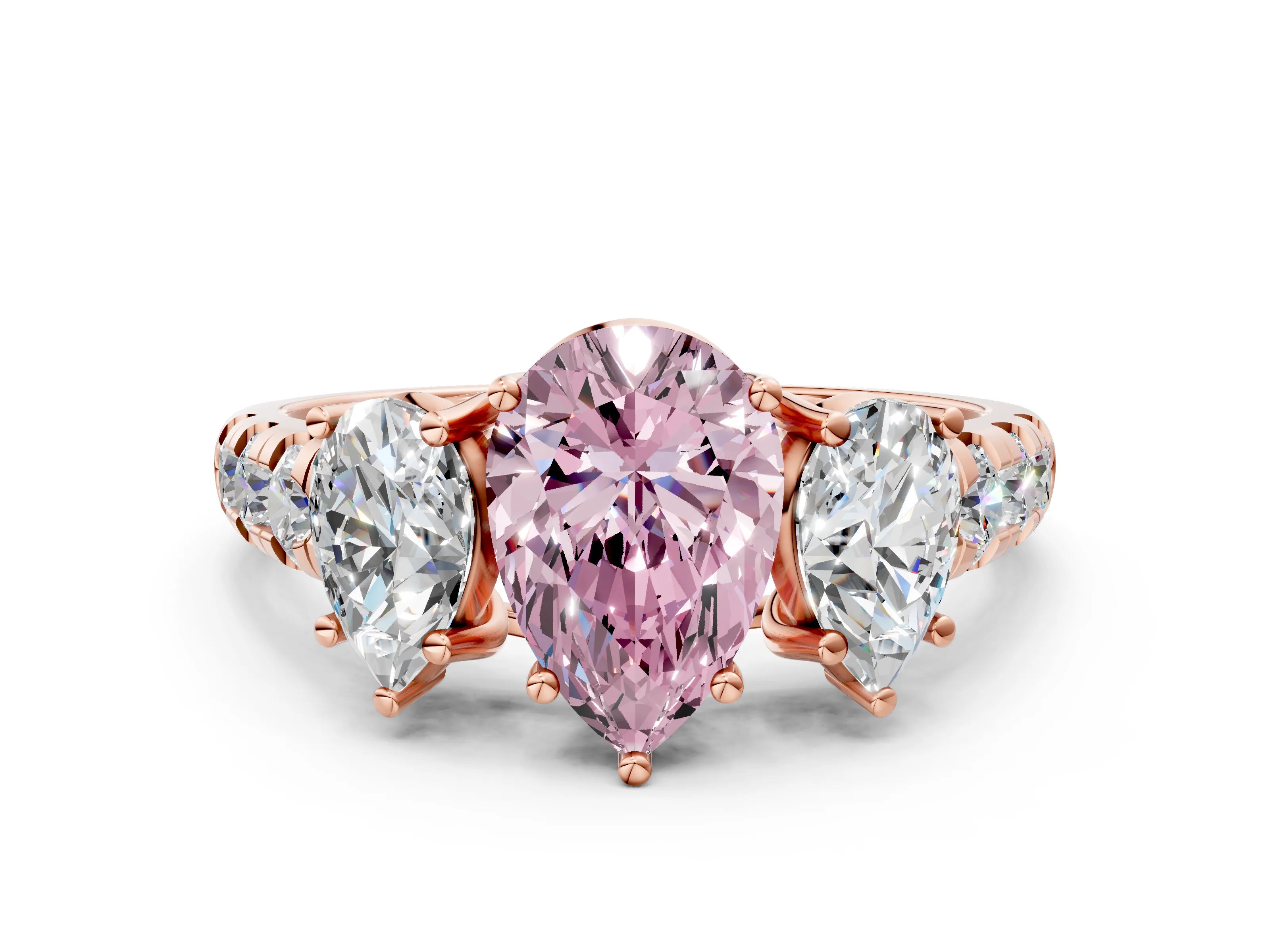 Rose gold Three-Stone Fancy Pink Pear Cut Diamond Pavé Band with Prong Setting