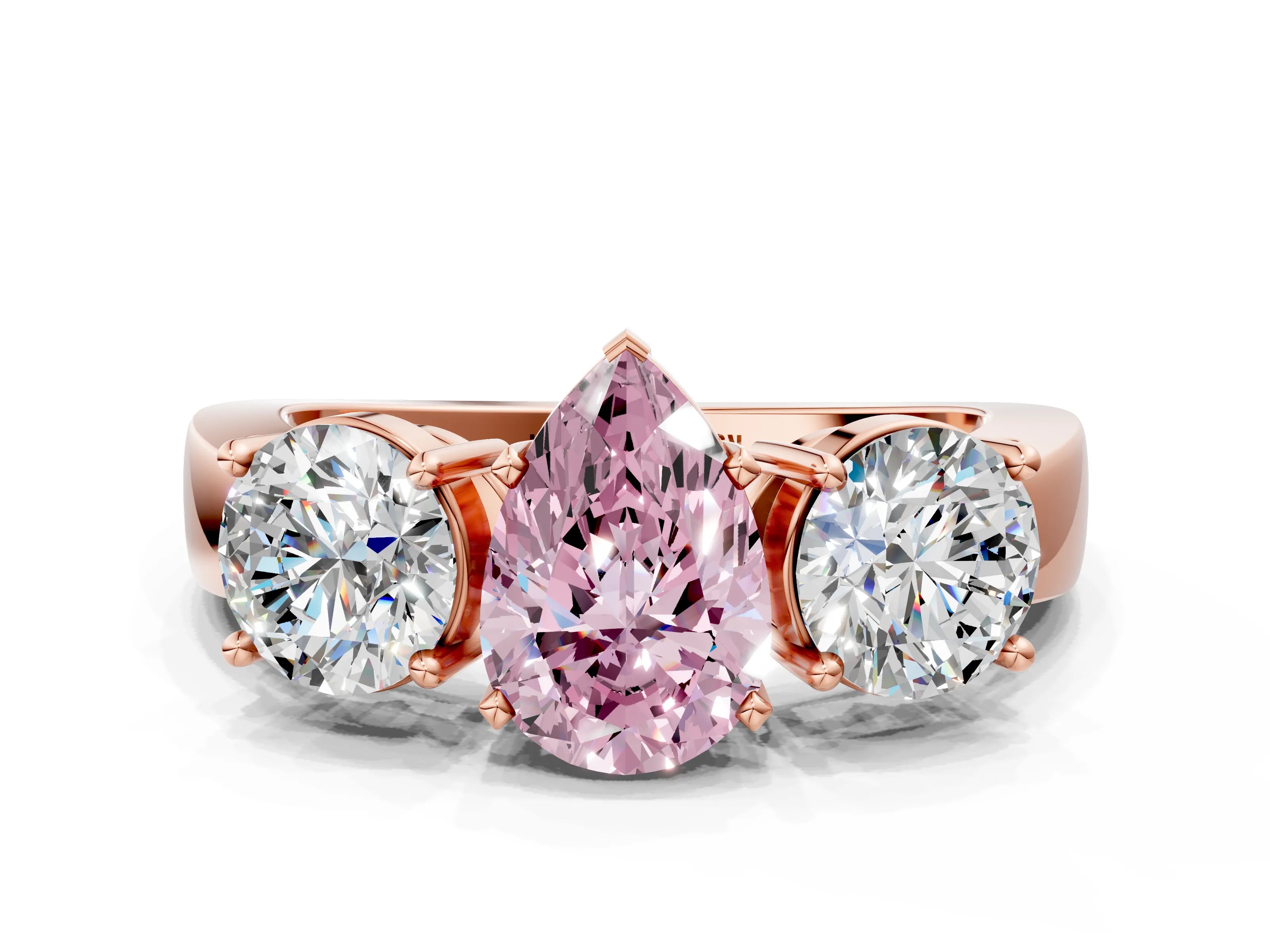 Rose gold Three-Stone Fancy Pink Pear Cut Diamond Ring with Round Side Stones, Classic Band, and Four-Prong Setting