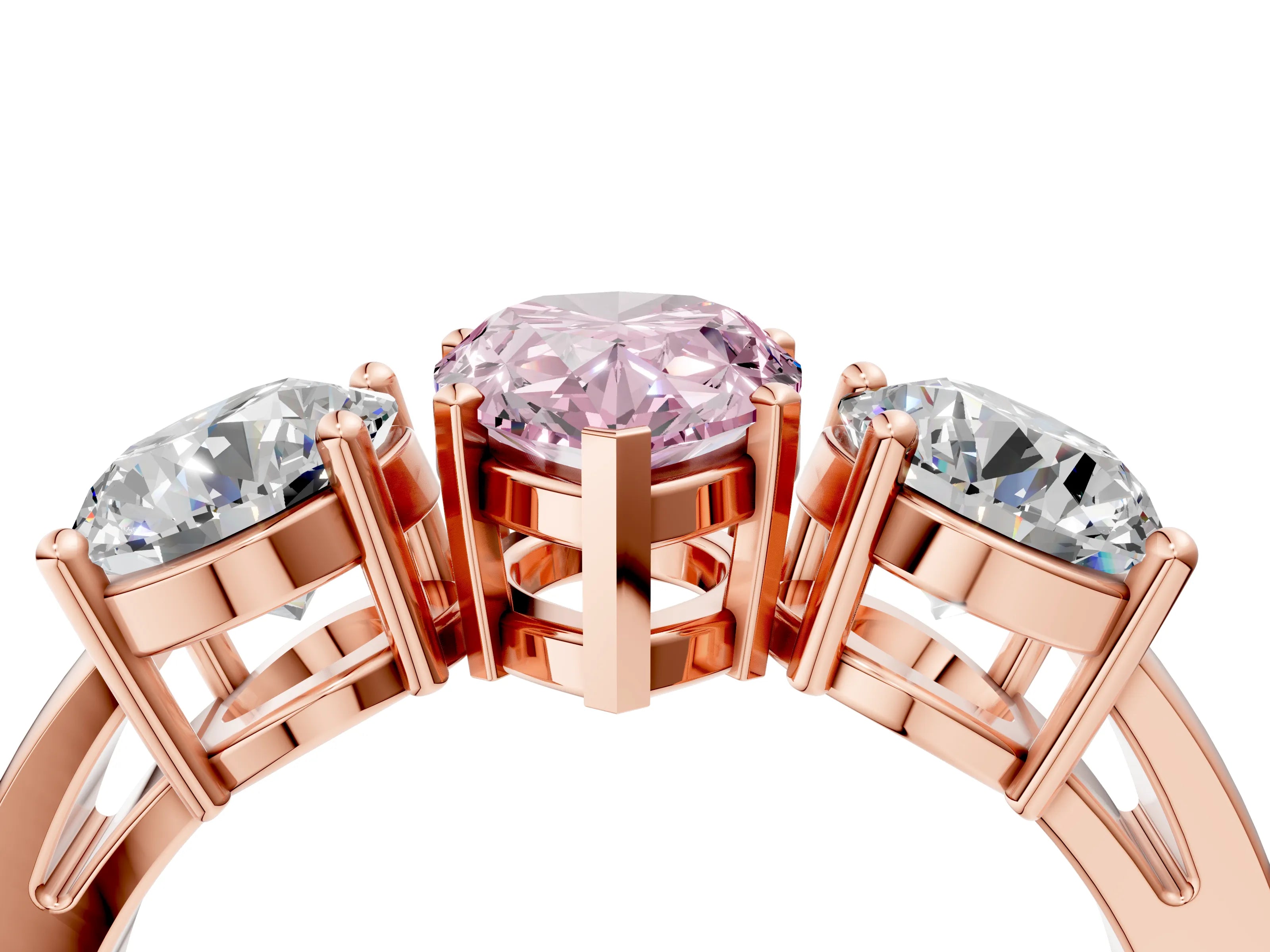 Rose gold Three-Stone Fancy Pink Pear Cut Diamond Ring with Round Side Stones, Classic Band, and Four-Prong Setting_4
