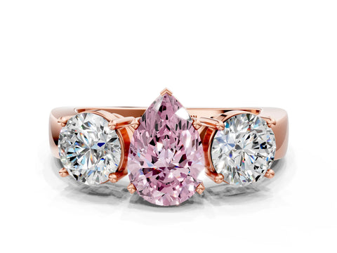 Rose gold Three-Stone Fancy Pink Pear Cut Diamond Ring with Round Side Stones, Classic Band, and Four-Prong Setting
