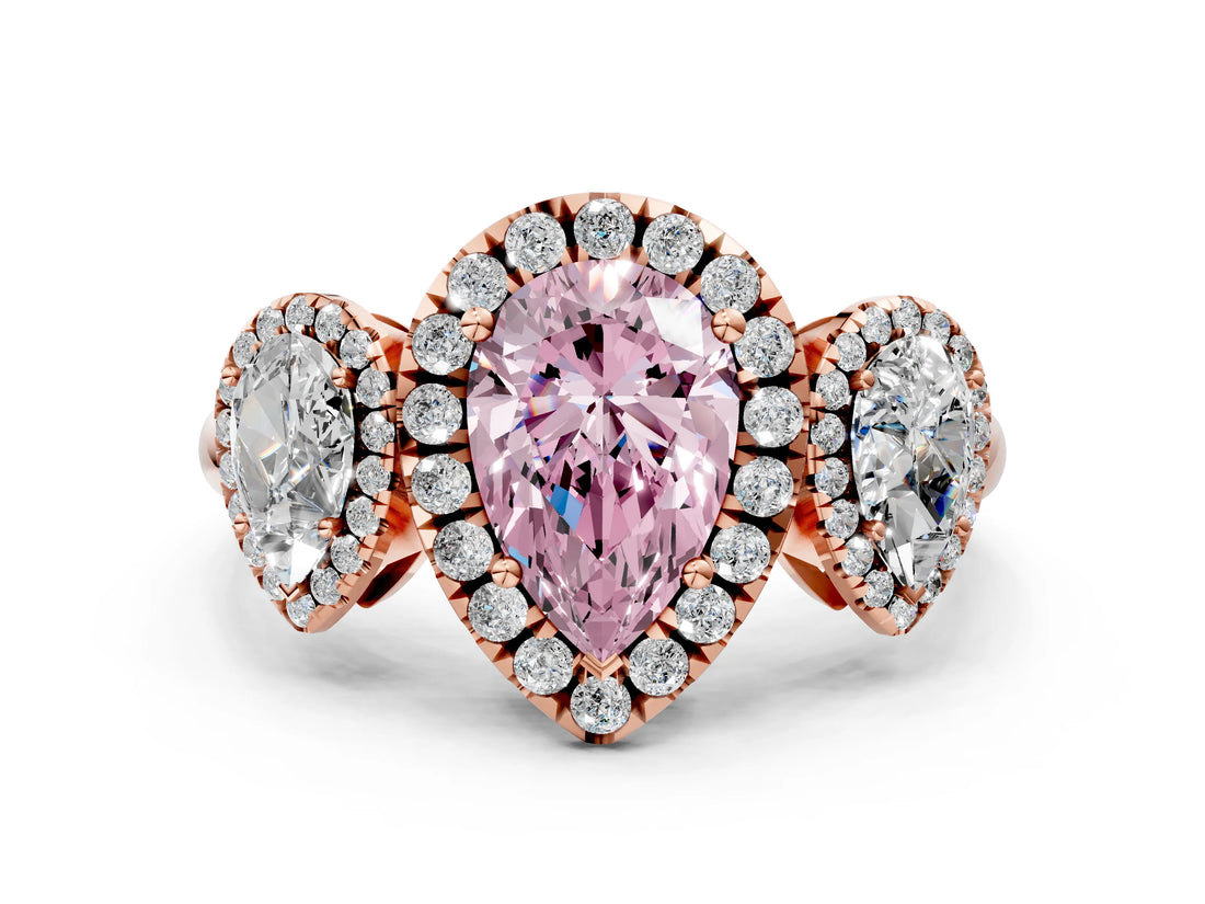 Rose gold Three-Stone Fancy Pink Pear Cut Halo Diamond Ring with Pave Band and Four-Prong Setting