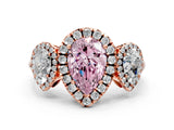 Rose gold Three-Stone Fancy Pink Pear Cut Halo Diamond Ring with Pave Band and Four-Prong Setting