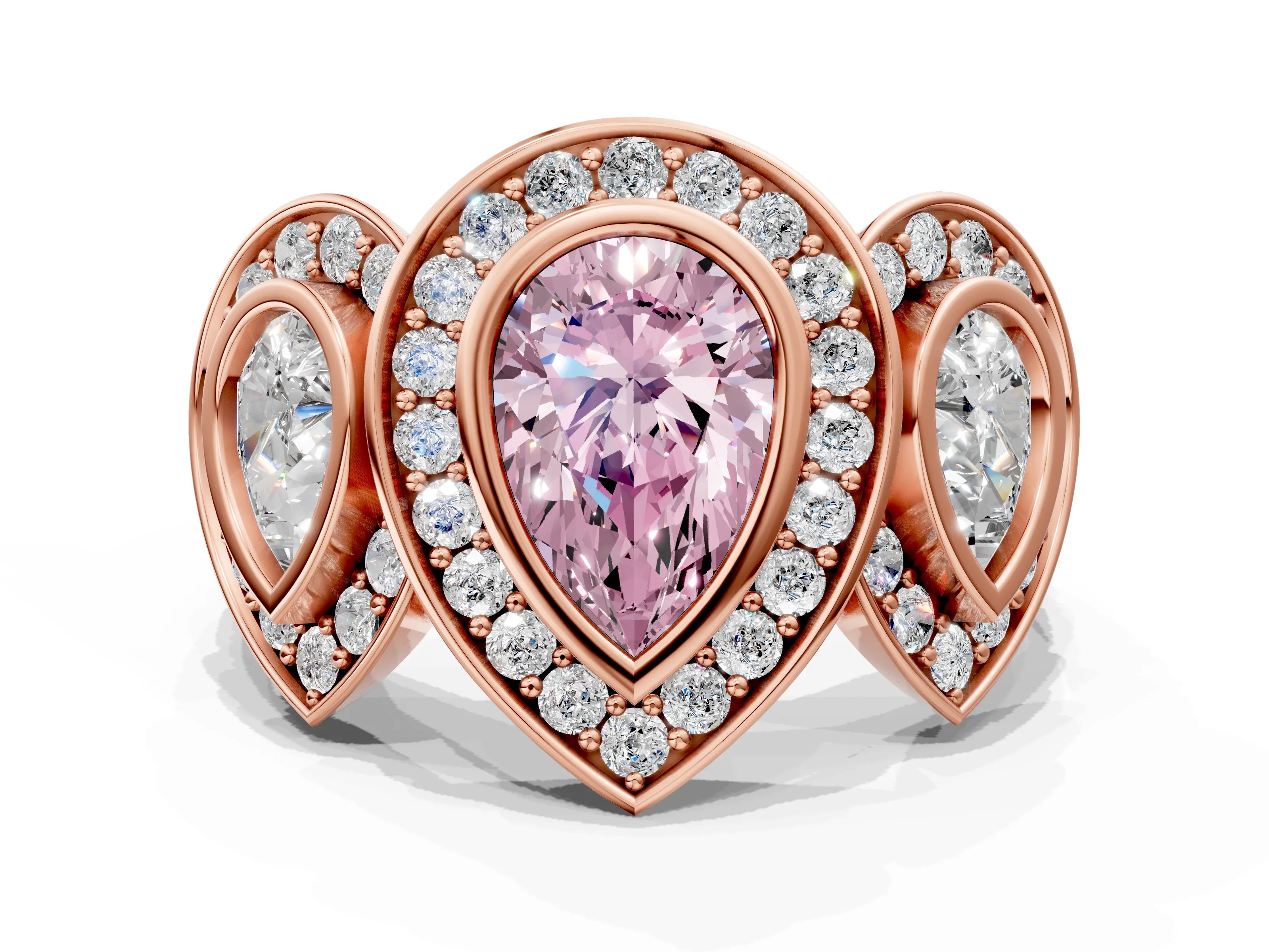 Rose gold Three-Stone Fancy Pink Pear Cut Halo Pavé Diamond Ring