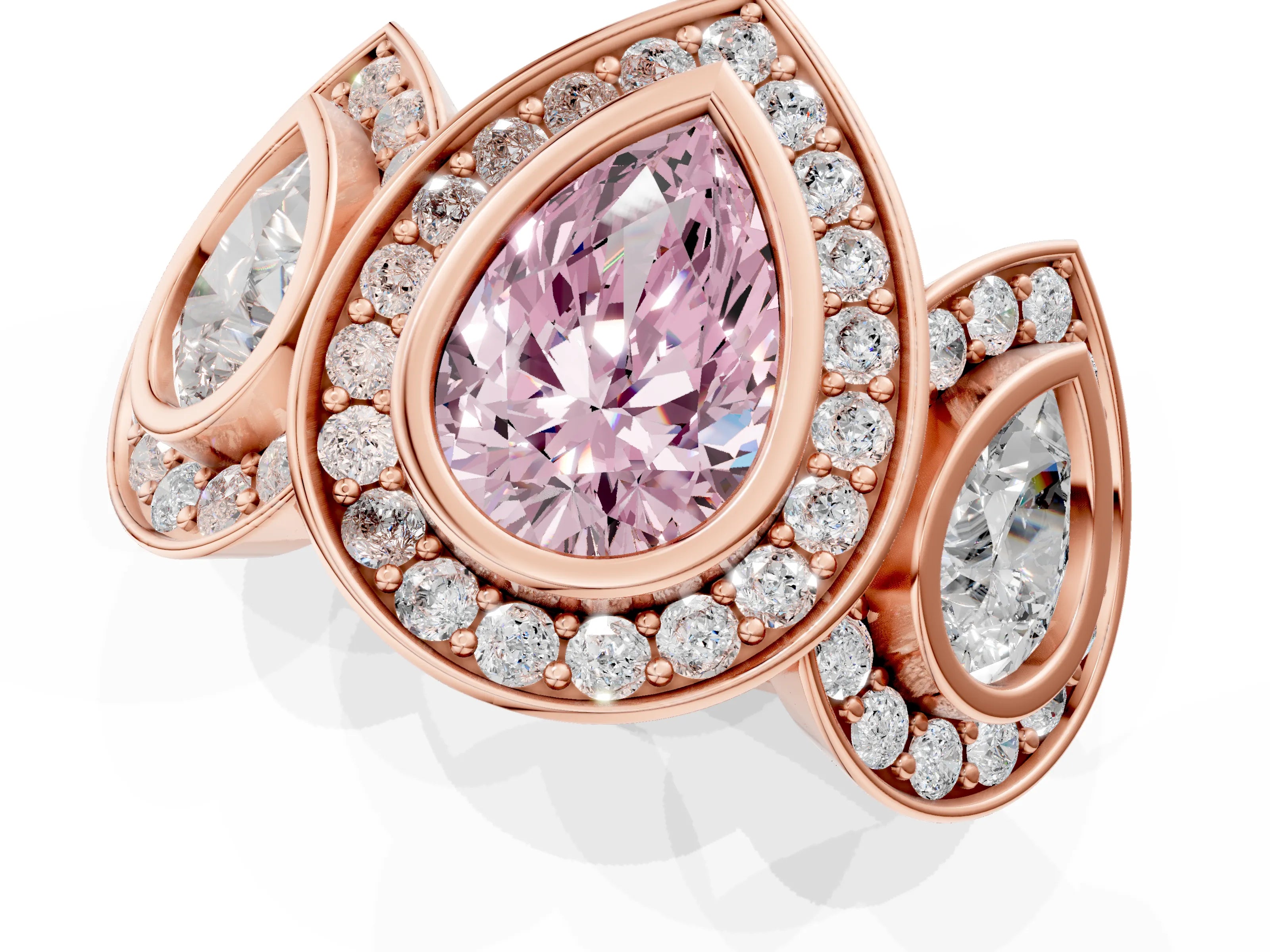 Rose gold Three-Stone Fancy Pink Pear Cut Halo Pavé Diamond Ring_1