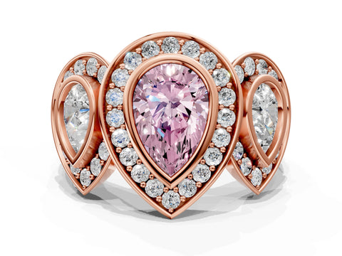 Rose gold Three-Stone Fancy Pink Pear Cut Halo Pavé Diamond Ring