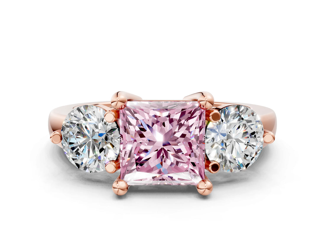 Rose gold Three-Stone Fancy Pink Princess  Brilliant Cut Solitaire Ring with Prong Setting on a Classic Band