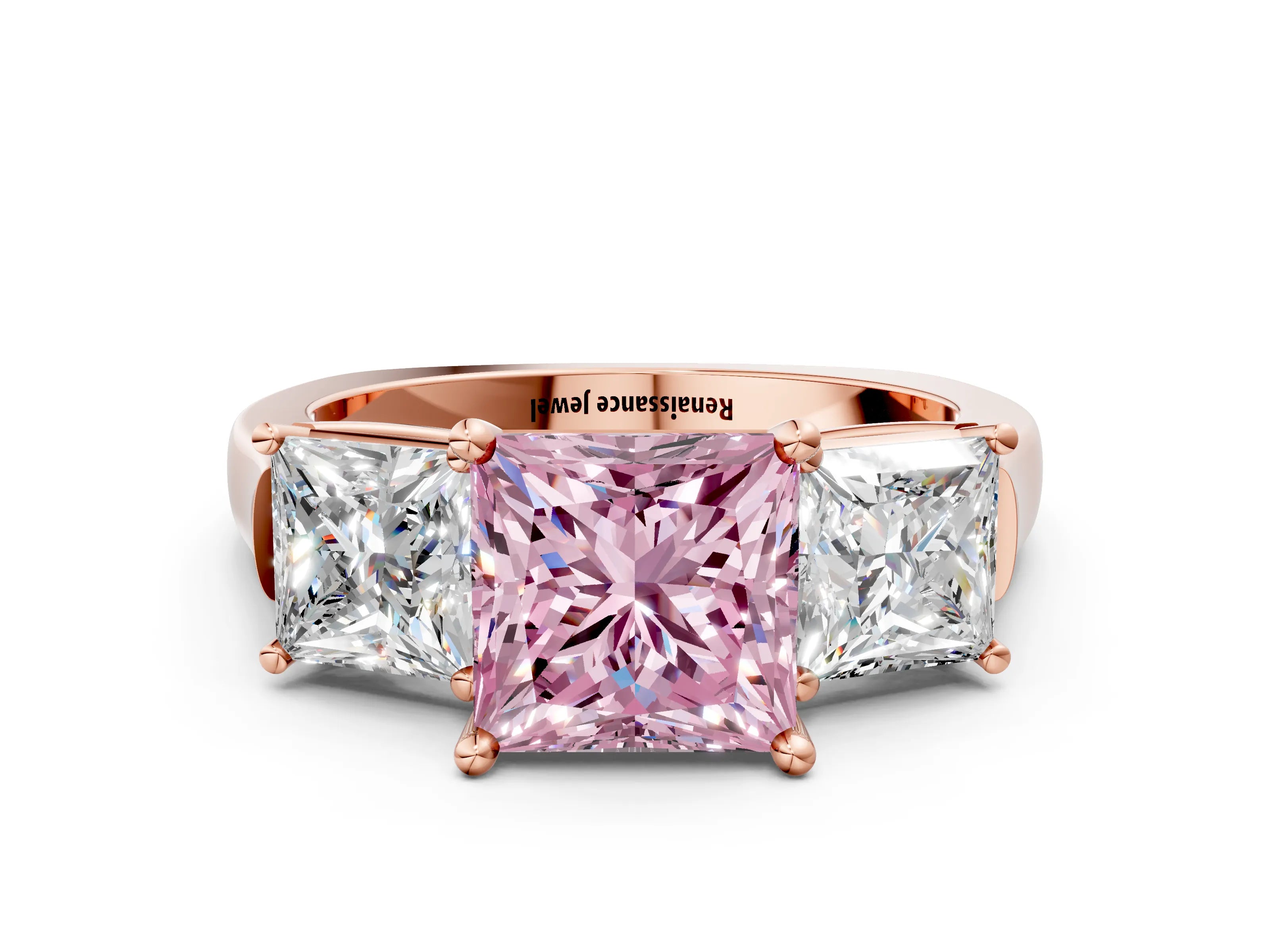 Rose gold Three-Stone Fancy Pink Princess Cut Brilliant Diamond Trellis Ring with Comfort Fit Band