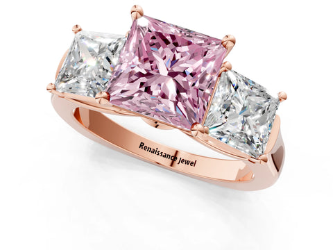 Rose gold Three-Stone Fancy Pink Princess Cut Brilliant Diamond Trellis Ring with Comfort Fit Band_1