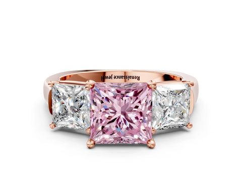 Rose gold Three-Stone Fancy Pink Princess Cut Brilliant Diamond Trellis Ring with Comfort Fit Band