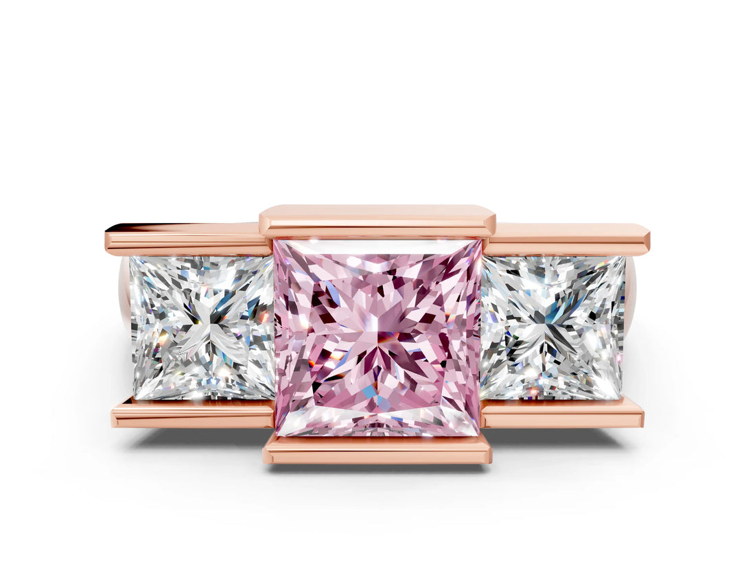 Rose gold Three Stone Fancy Pink Princess Cut Cut Channel Set Diamond Ring