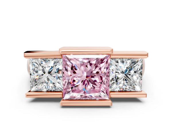 Rose Gold Princess Cut Channel Set Three Stone Engagement Ring Setting for Fancy Pink Center