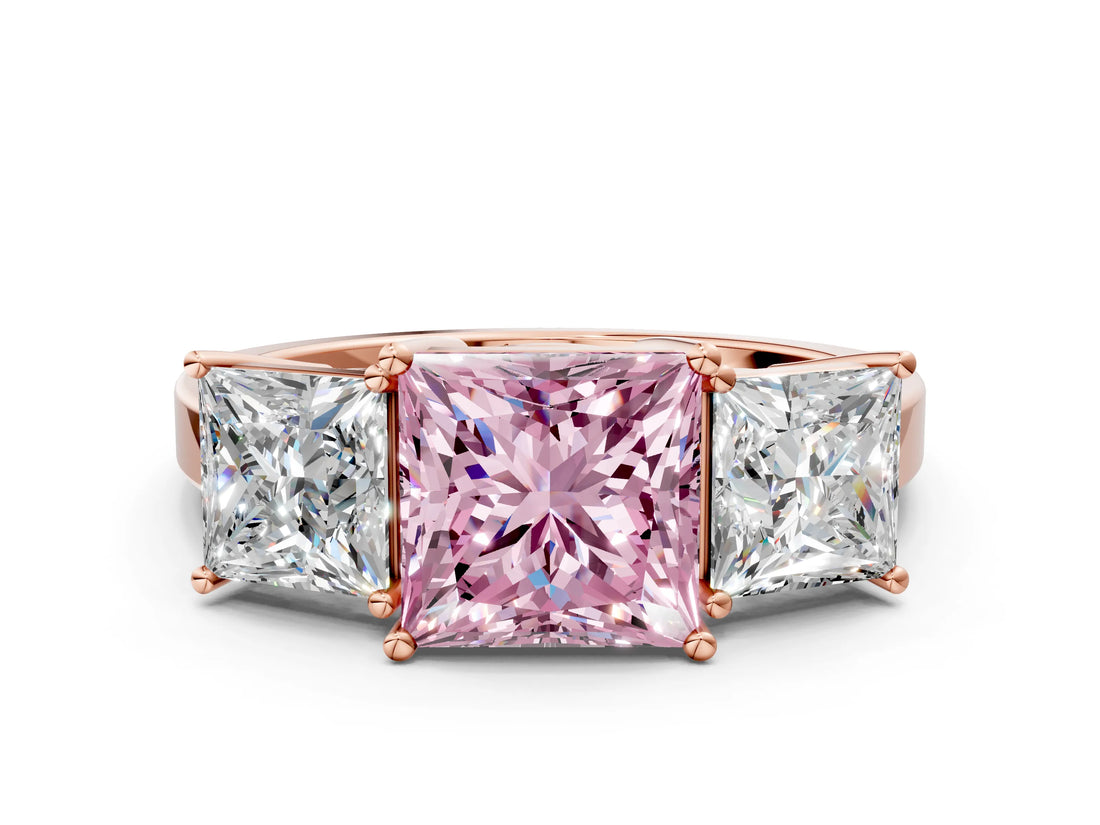 Rose gold Three-Stone Fancy Pink Princess Cut Cut Diamond Engagement Ring with Flat Band and Four-Prong Setting_12