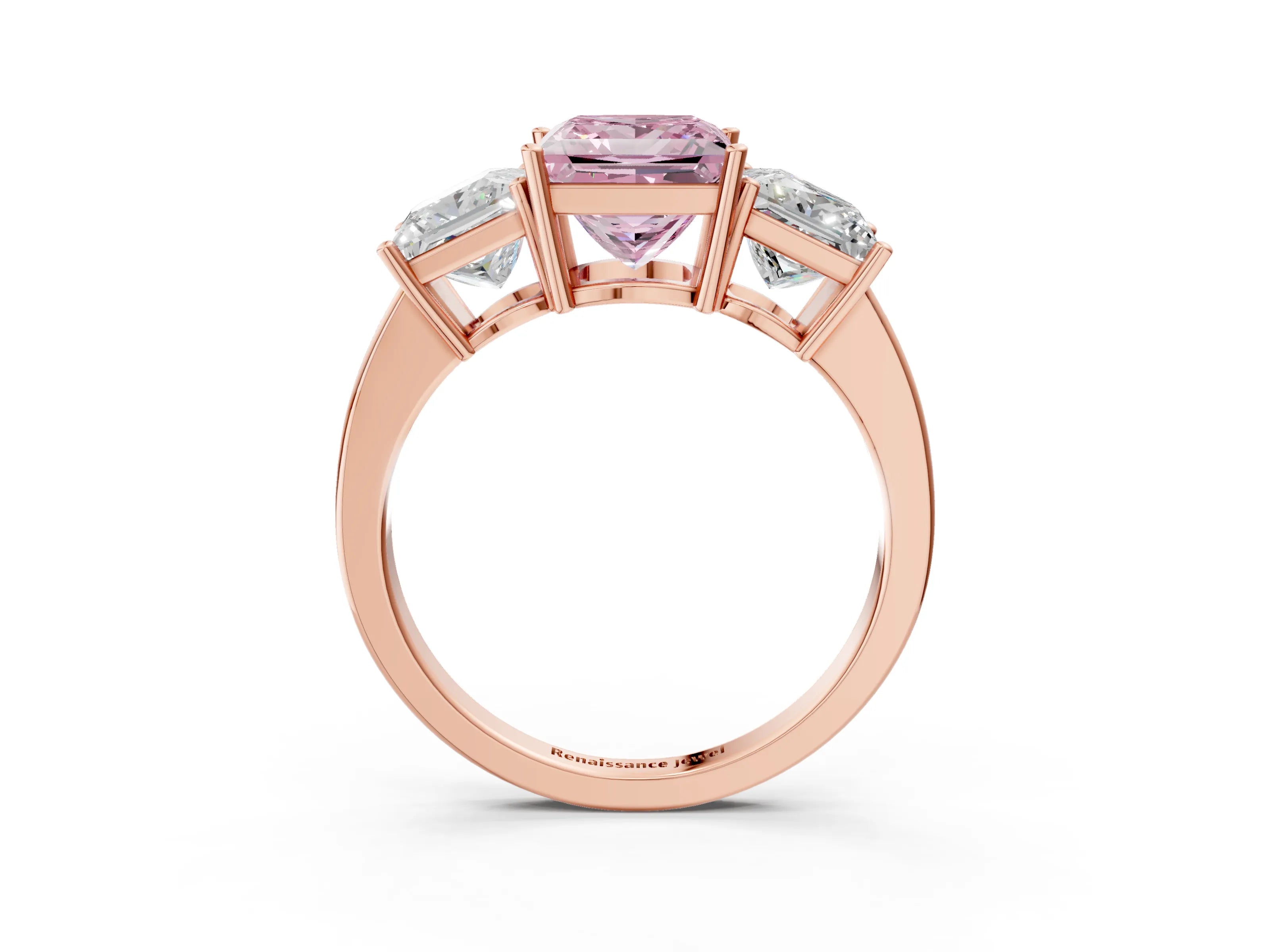 Rose gold Three-Stone Fancy Pink Princess Cut Cut Diamond Engagement Ring with Flat Band and Four-Prong Setting_3