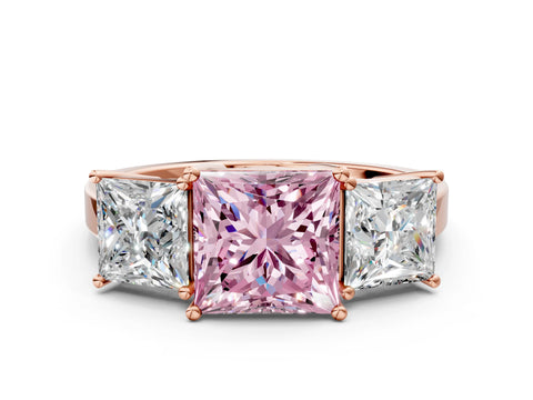 Rose gold Three-Stone Fancy Pink Princess Cut Cut Diamond Engagement Ring with Flat Band and Four-Prong Setting