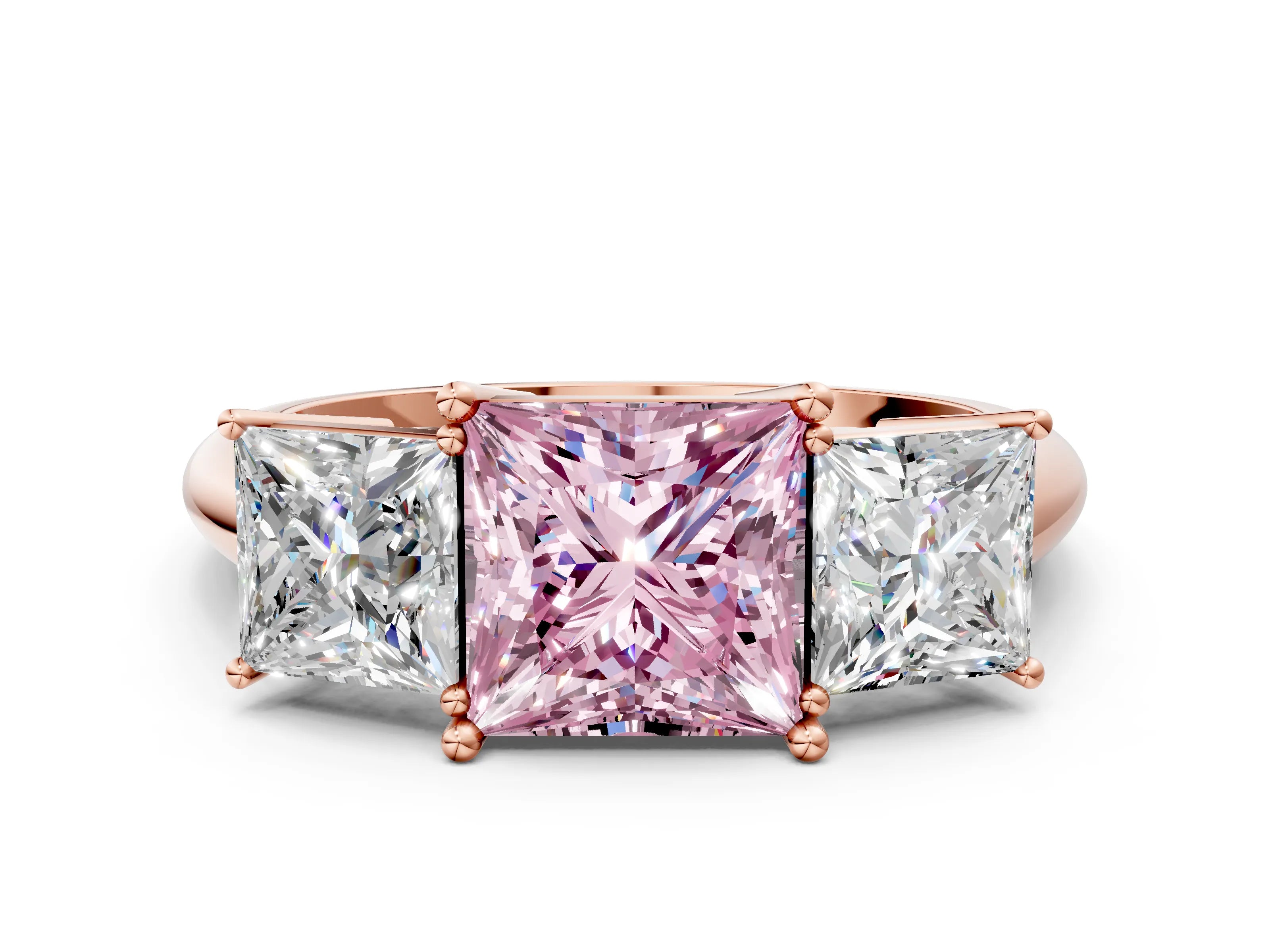 Rose gold Three-Stone Fancy Pink Princess Cut Cut Diamond Engagement Ring with Prong Setting on a White Gold Band