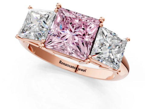 Rose gold Three-Stone Fancy Pink Princess Cut Cut Diamond Engagement Ring with Prong Setting on a White Gold Band_1