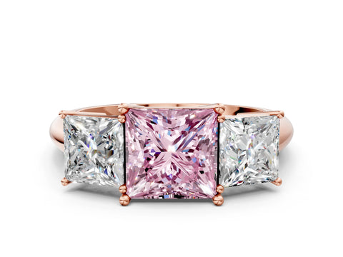 Rose gold Three-Stone Fancy Pink Princess Cut Cut Diamond Engagement Ring with Prong Setting on a White Gold Band