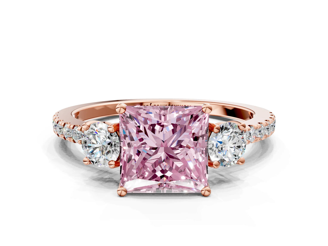 Rose gold Three-Stone Fancy Pink Princess Cut Cut Diamond Pavé Band with Prong Setting_15