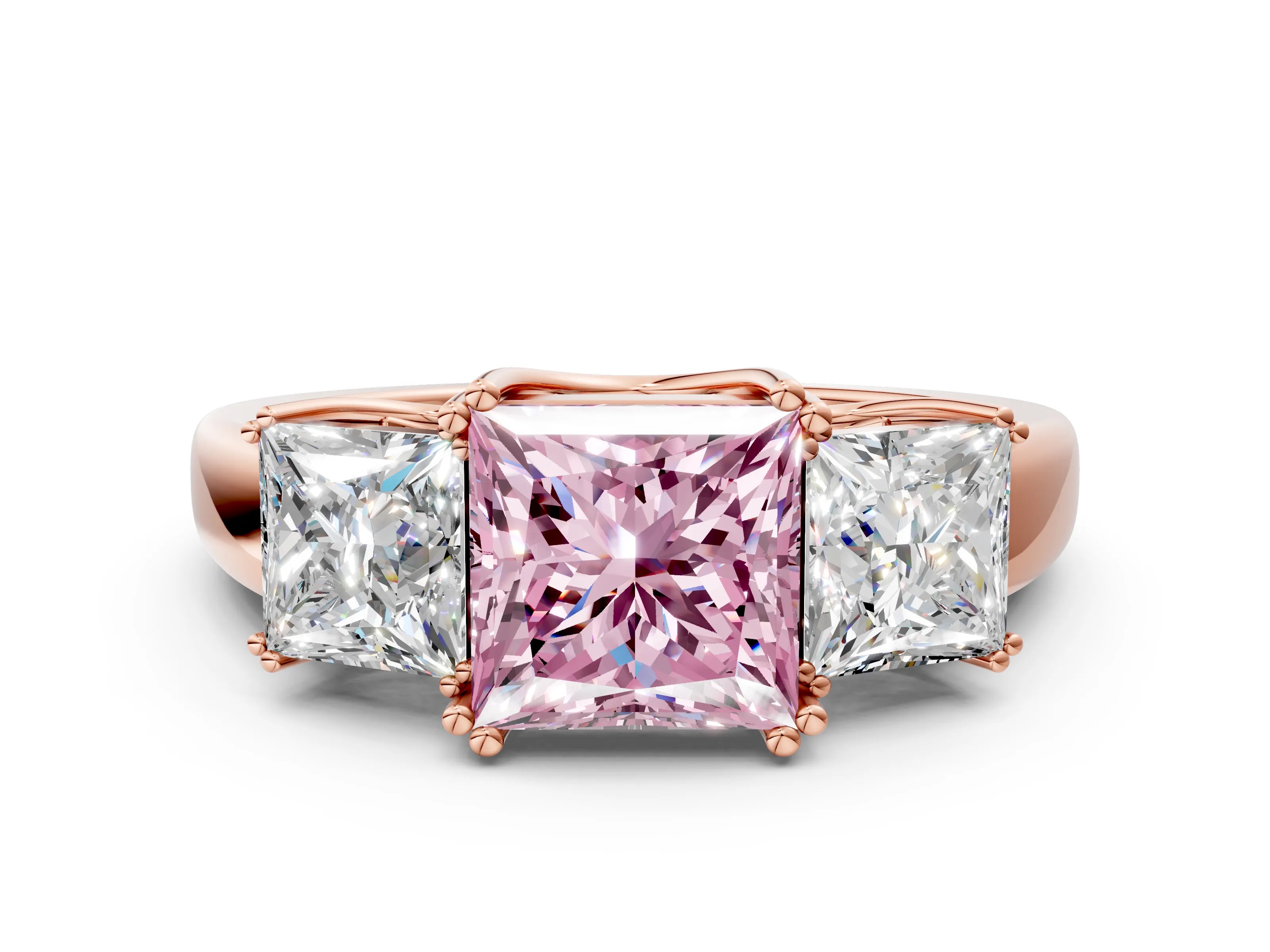 Rose gold Three-Stone Fancy Pink Princess Cut Cut Diamond Ring with Channel Set Band and Four-Prong Setting