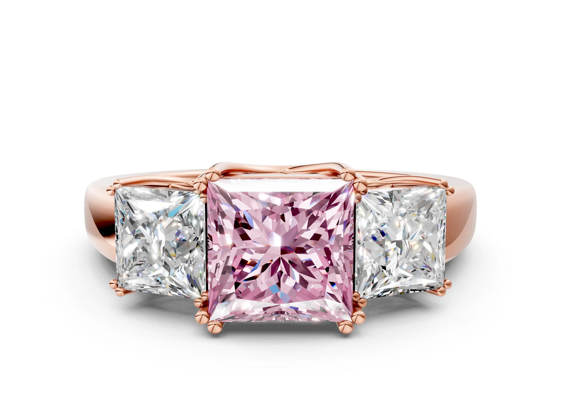Rose gold Three-Stone Fancy Pink Princess Cut Cut Diamond Ring with Channel Set Band and Four-Prong Setting