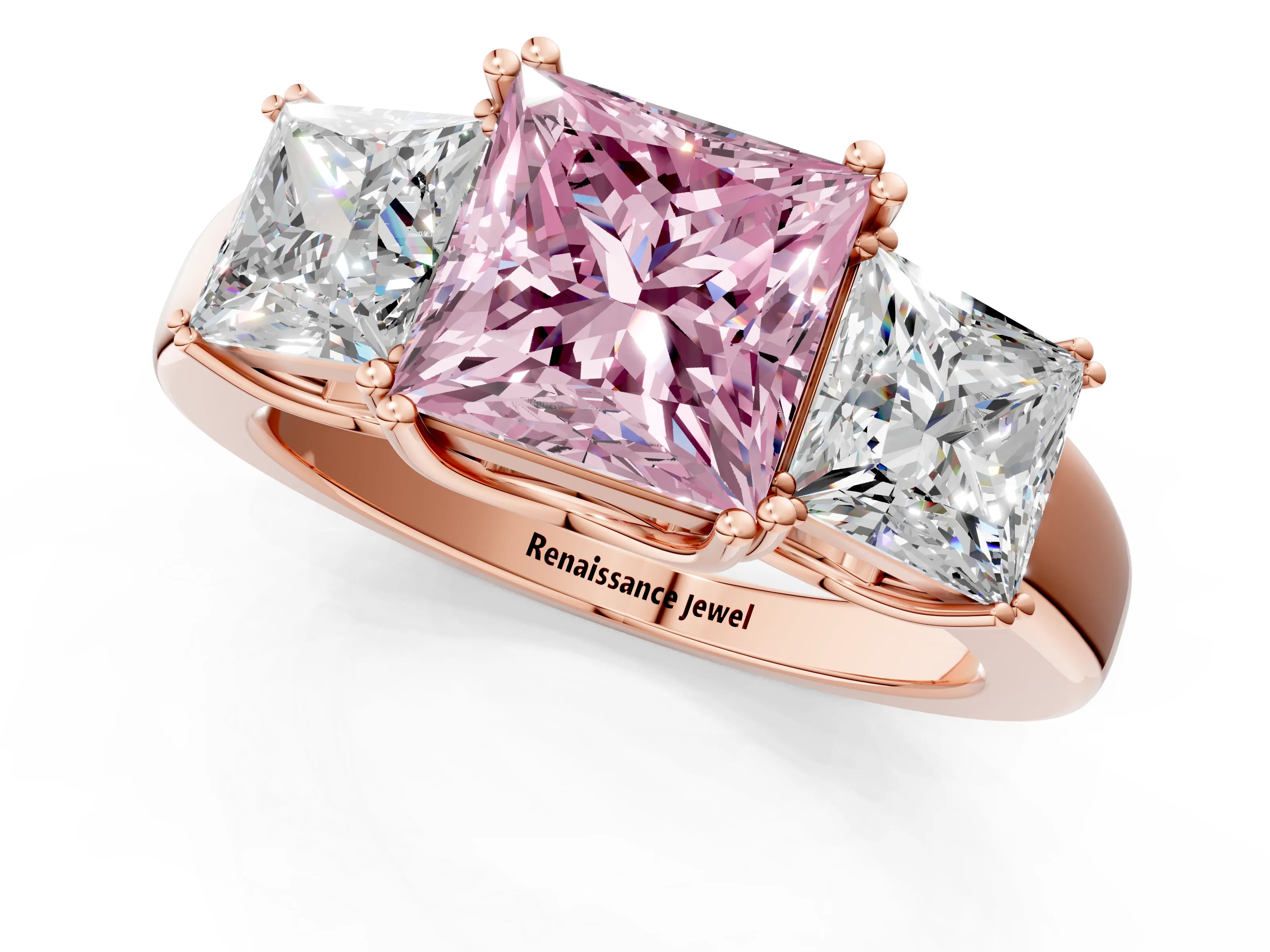 Rose gold Three-Stone Fancy Pink Princess Cut Cut Diamond Ring with Channel Set Band and Four-Prong Setting_1