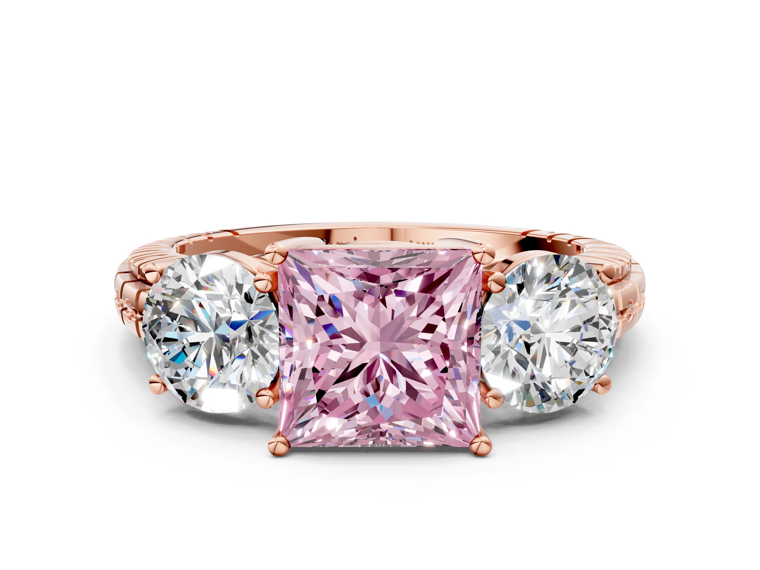 Rose gold Three-Stone Fancy Pink Princess Cut Cut Diamond Ring with Channel-Set Band and Prong Setting