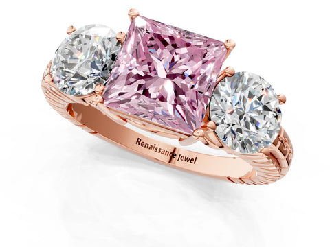 Rose gold Three-Stone Fancy Pink Princess Cut Cut Diamond Ring with Channel-Set Band and Prong Setting_1