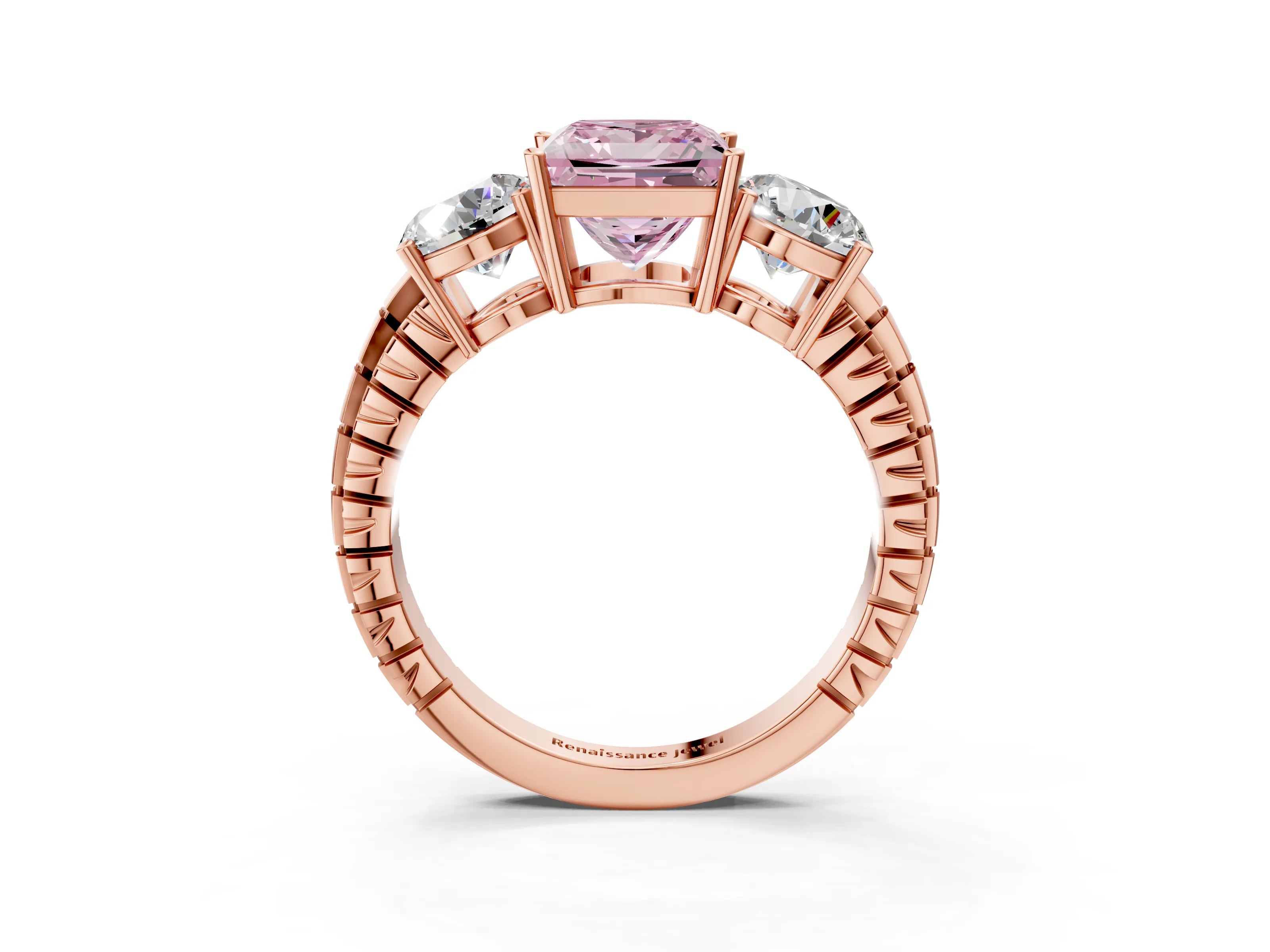 Rose gold Three-Stone Fancy Pink Princess Cut Cut Diamond Ring with Channel-Set Band and Prong Setting_3
