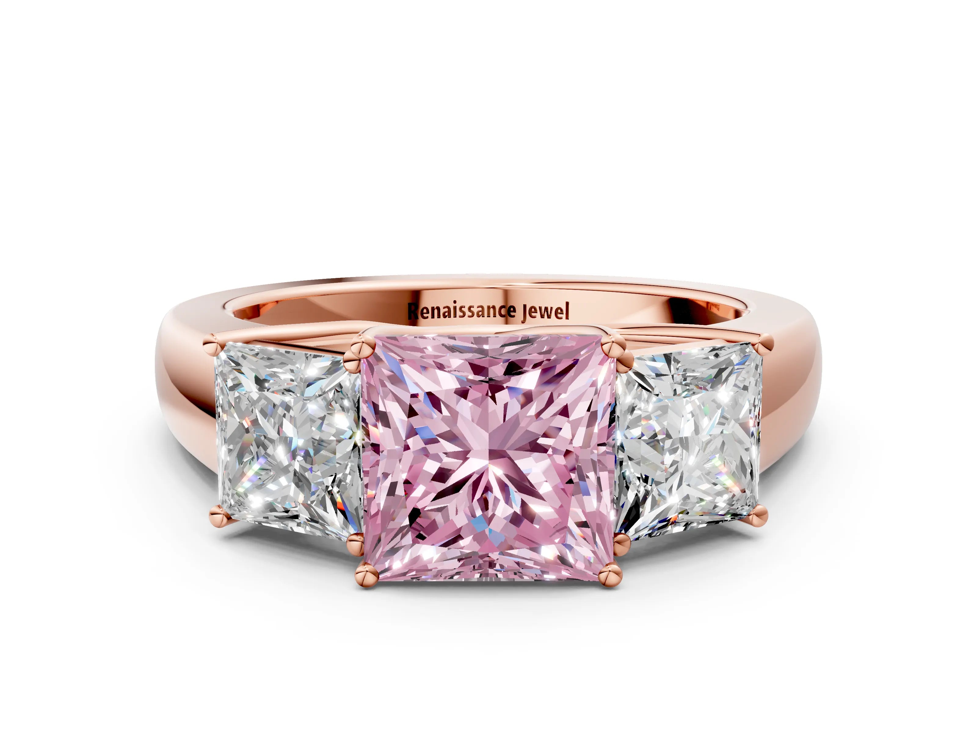 Rose gold Three-Stone Fancy Pink Princess Cut Cut Diamond Ring with Prong Setting and Classic Band