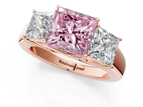 Rose gold Three-Stone Fancy Pink Princess Cut Cut Diamond Ring with Prong Setting and Classic Band_1