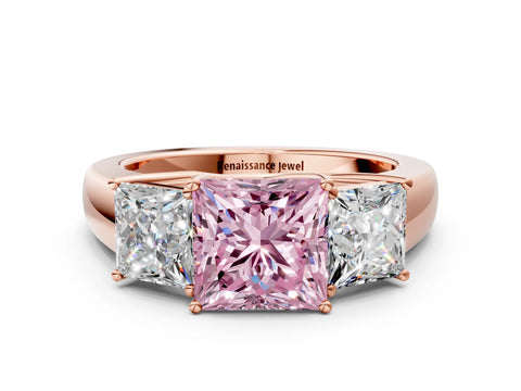 Rose gold Three-Stone Fancy Pink Princess Cut Cut Diamond Ring with Prong Setting and Classic Band