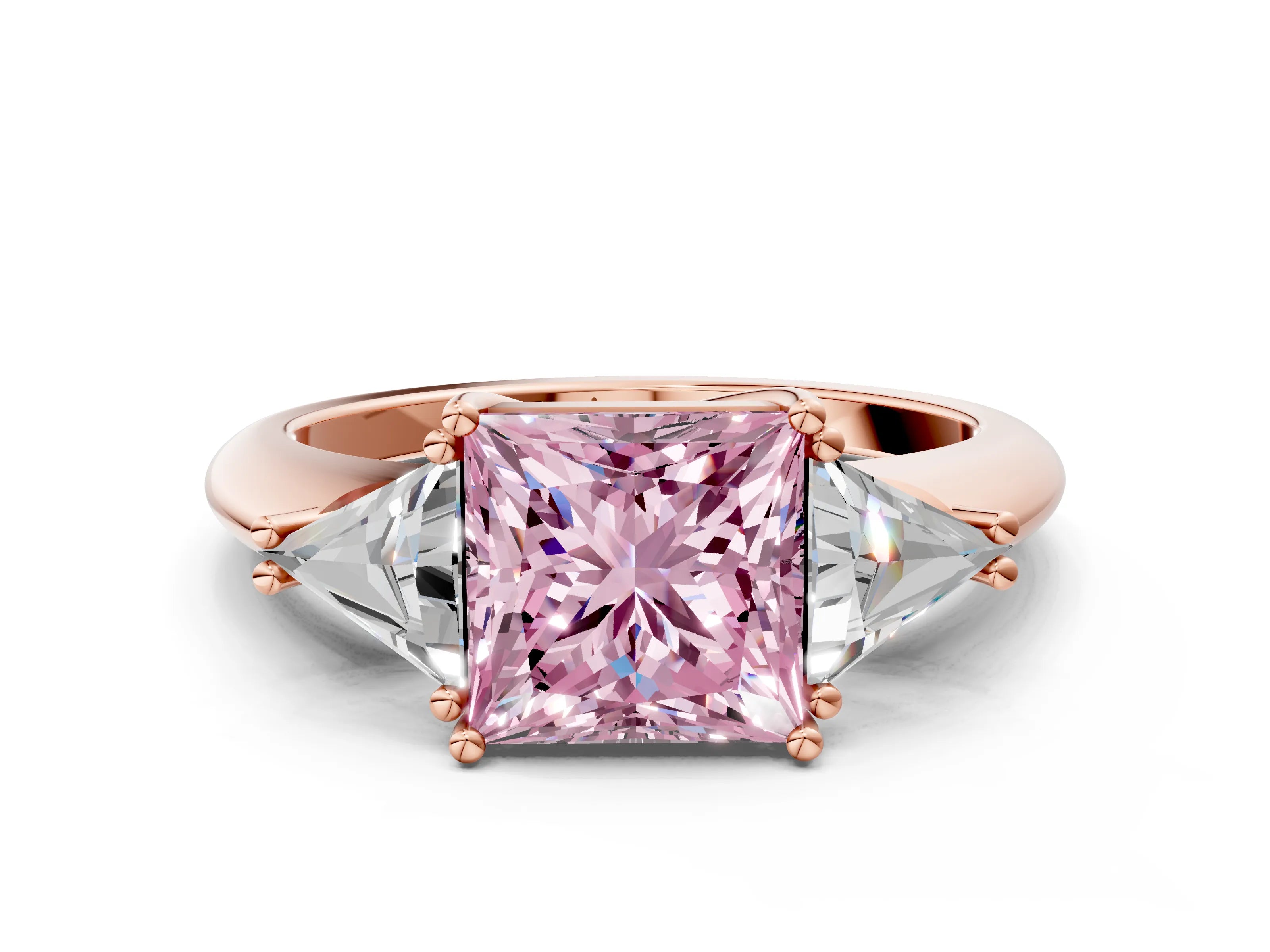 Rose gold Three-Stone Fancy Pink Princess Cut Cut Diamond Ring with Trillion Side Stones and Four-Prong Setting_3
