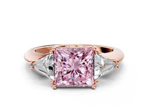 Rose gold Three-Stone Fancy Pink Princess Cut Cut Diamond Ring with Trillion Side Stones and Four-Prong Setting_3