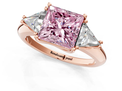 Rose gold Three-Stone Fancy Pink Princess Cut Cut Diamond Ring with Trillion Side Stones and Four-Prong Setting_4