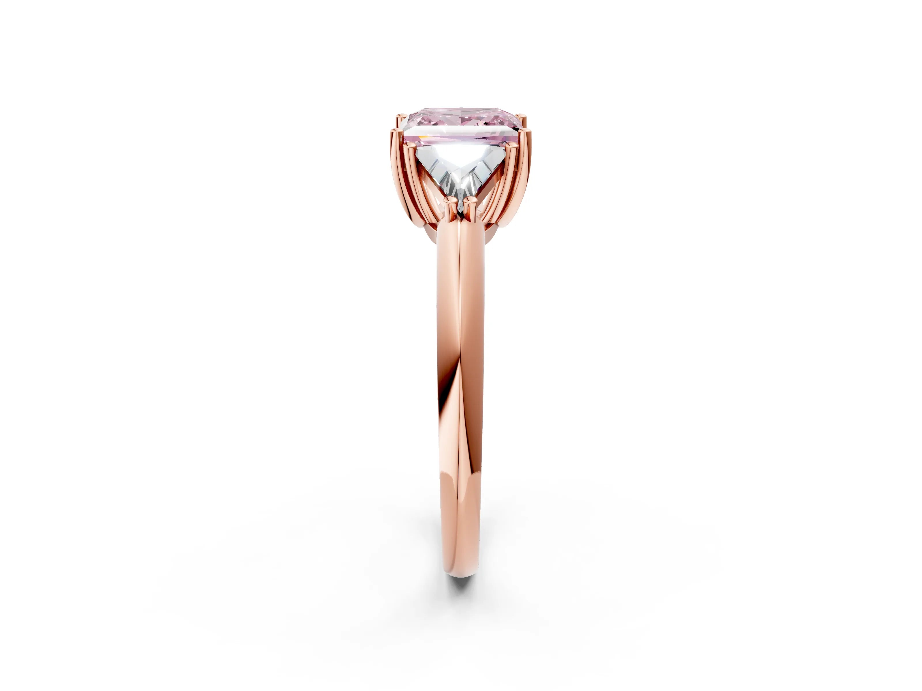 Rose gold Three-Stone Fancy Pink Princess Cut Cut Diamond Ring with Trillion Side Stones and Four-Prong Setting_5