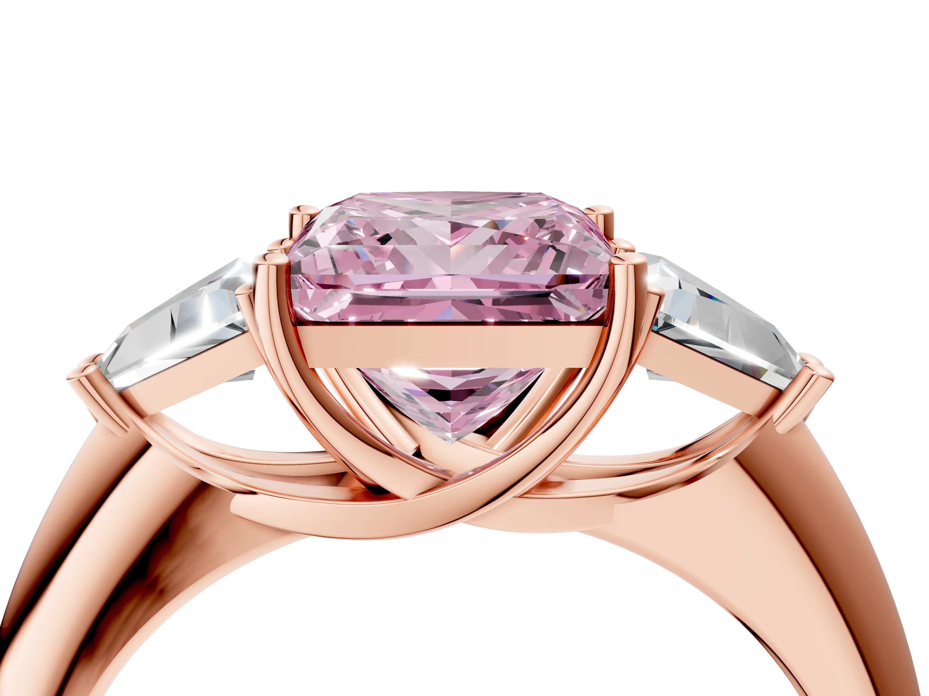 Rose gold Three-Stone Fancy Pink Princess Cut Cut Diamond Ring with Trillion Side Stones and Four-Prong Setting_7
