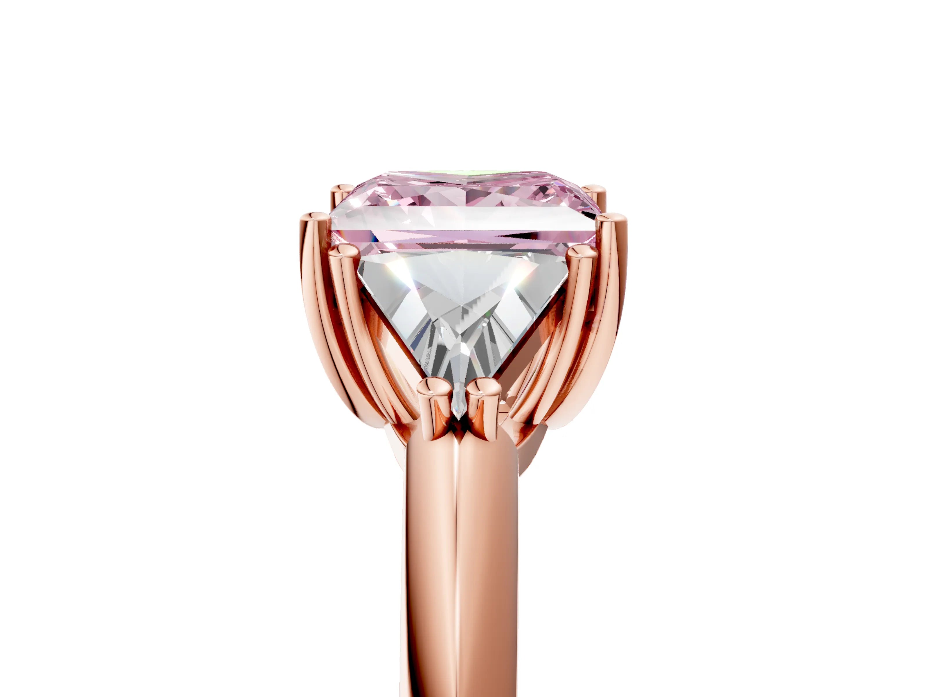 Rose gold Three-Stone Fancy Pink Princess Cut Cut Diamond Ring with Trillion Side Stones and Four-Prong Setting_8