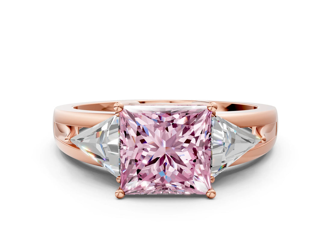 Rose gold Three-Stone Fancy Pink Princess Cut Cut Diamond Ring with Trillion Side Stones on a Split Shank Band