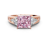 Rose gold Three-Stone Fancy Pink Princess Cut Cut Diamond Ring with Trillion Side Stones on a Split Shank Band